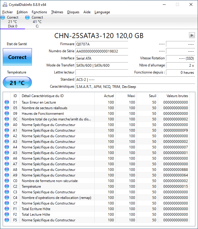 SSD Zheino par CystalDiskInfo